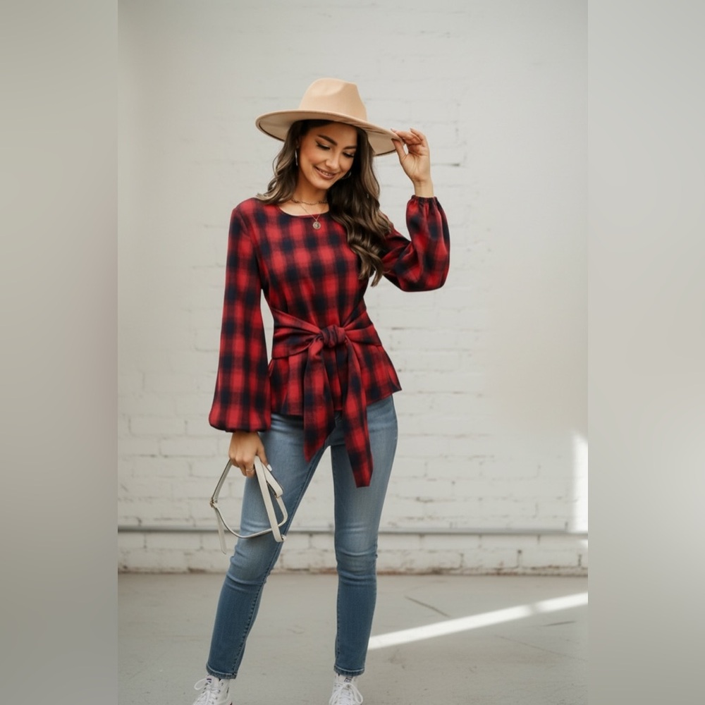 CupShe Buffalo Plaid Peasant Top Large NWT | Red Black Sash Belt Boho Style